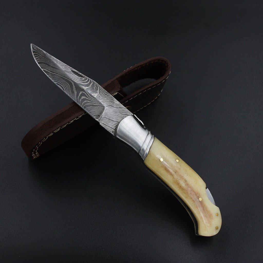BLANCHE Handmade Folding Knife (with Leather Sheath)